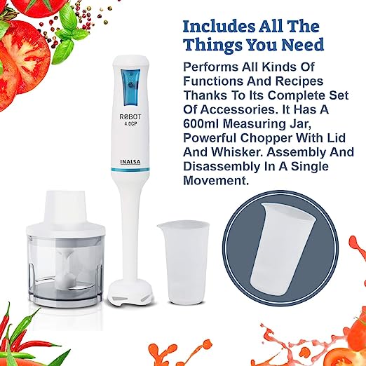 Inalsa Hand Blender Robot 4.0 CP 400-Watt Heavy Duty | 2 in 1 Hand Blender/Chopper | 2 Year Warranty| Super Silent Powerful Motor| 700 ml Break Resistant Multipurpose Jar, (White/Blue) Inalsa Hand Blender Robot 4.0 CP 400-Watt Heavy Duty | 2 in 1 Hand Blender/Chopper | 2 Year Warranty| Super Silent Powerful Motor| 700 ml Break Resistant Multipurpose Jar, (White/Blue)